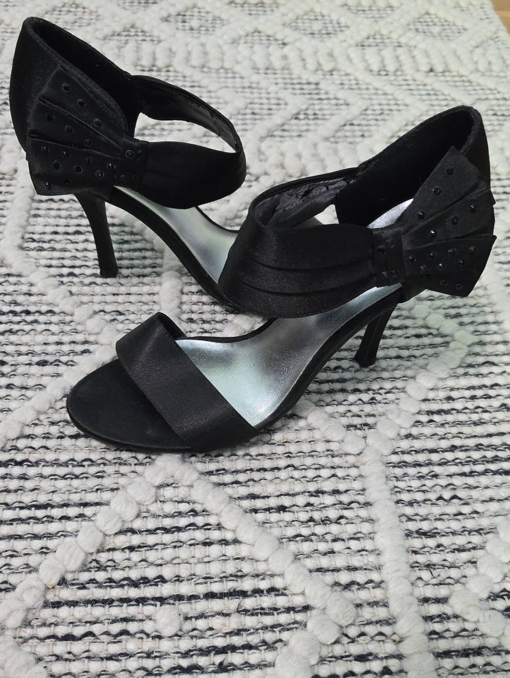 Maripe Black Satin D'Orsay Heels with Bow Detail
